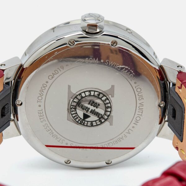 Louis Vuitton Mother Of Pearl Diamond Stainless Steel Leather Tambour Qa019 Women's Wristwatch 35Mm - Image 6