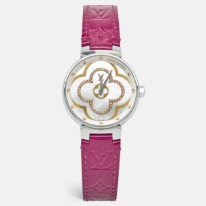 Louis Vuitton Mother Of Pearl Diamond Stainless Steel Leather Tambour Qa019 Women's Wristwatch 35Mm