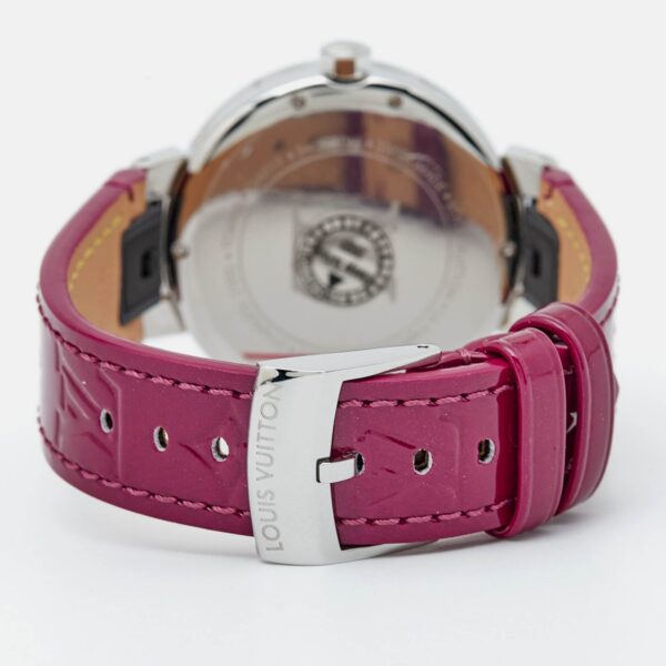Louis Vuitton Mother Of Pearl Diamond Stainless Steel Leather Tambour Qa019 Women's Wristwatch 35Mm - Image 3